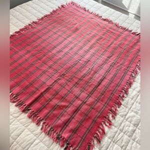 Vintage red green plaid cotton fringe throw blanket | Cabincore | 53 x 44
